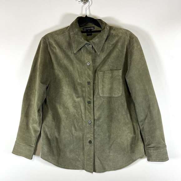 Vintage suede Green button down shirt western boho Territories Women’s Medium - Picture 1 of 10